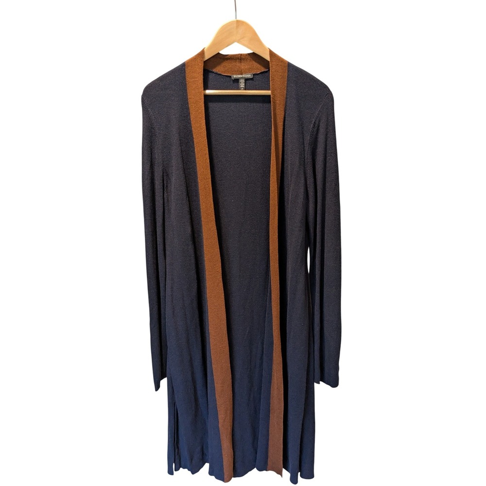 Eileen Fisher Cardigan Duster Open Front Knit Tencel Silk‎ Blend Blue Brown L